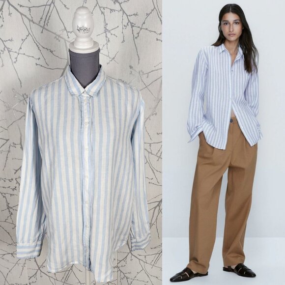 Everlane Tops - Everlane Blue Stripe 100% Linen Button Front Relaxed Fit Shirt Coastal